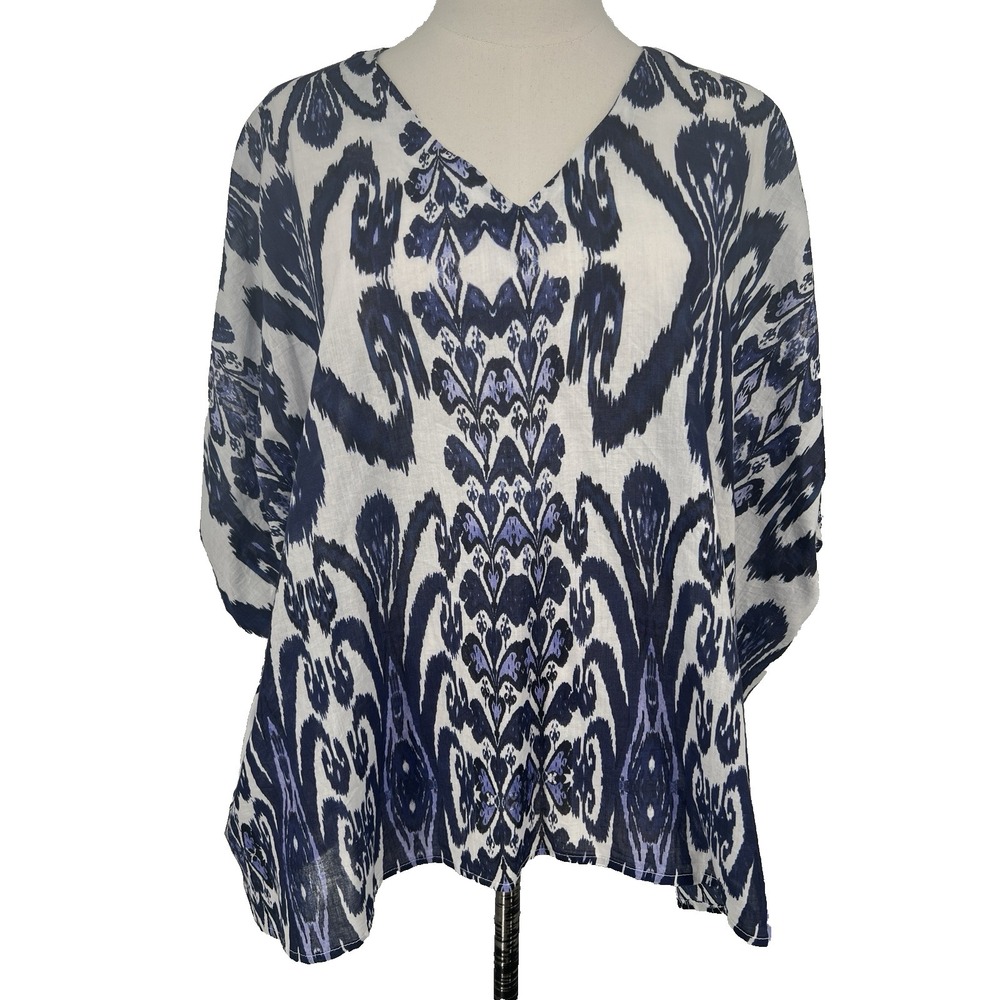 V-Neck Navy and White Ikat Print Blouse